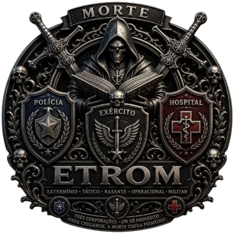 Emblema da ETROM: ceifador encapuzado com livro e caveira sob a faixa MORTE